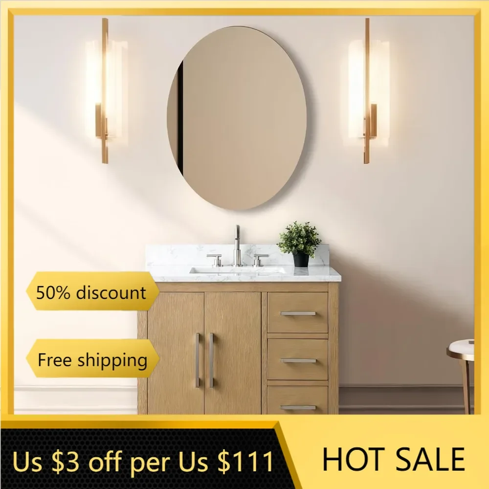 

36 inch Bathroom Vanity with Single Sink & Ceramic Top, Vanity Cabinet with Soft-Closing Doors, Solid Wood Frame, Natural Oak