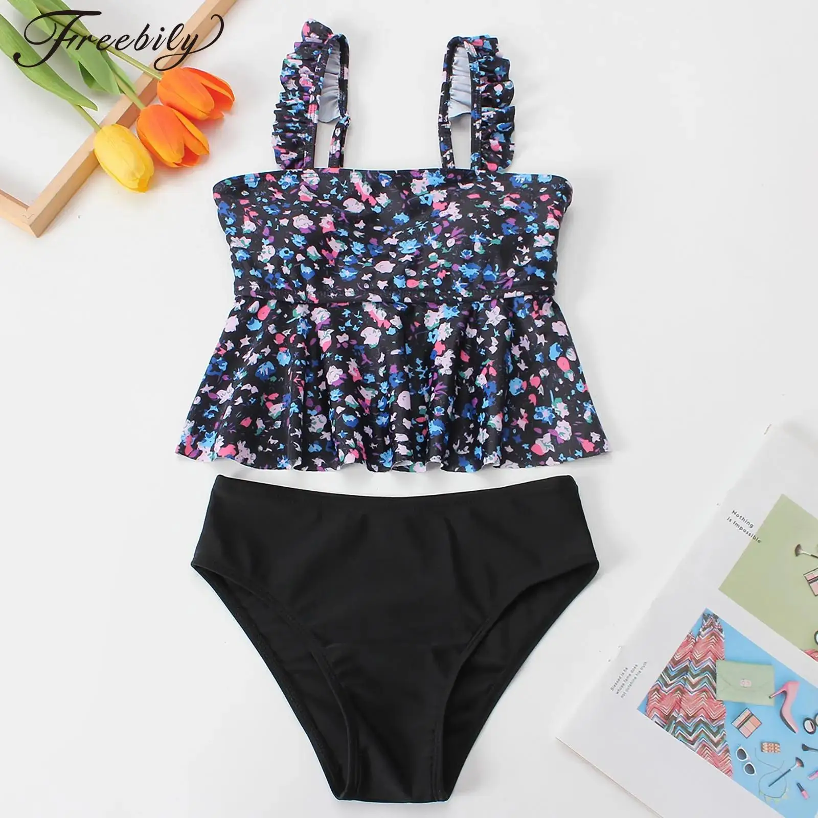 Kids Girls Floral Print Swimsuit Flounce Swim Cami Tops with Shorts Bottoms Swimming Bathing Suit Summer Swimwear Beachwear