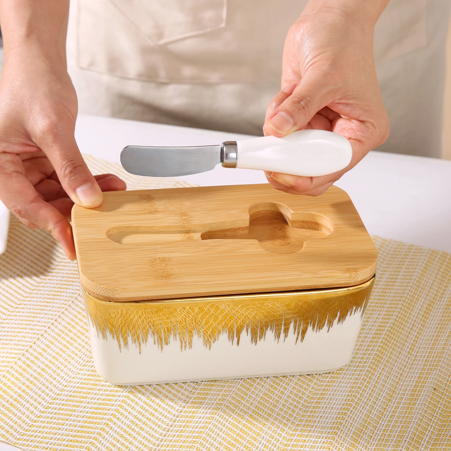 gold edged Ceramic Butter Dish With Bamboo Lid And Knife, LargeButter Keeper Container For Counter, Airtight Butter HolderWith