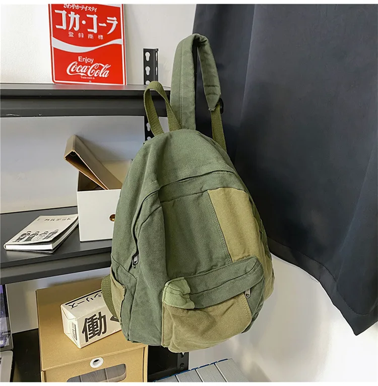 Contrast Color Block Canvas Backpack Large Capacity Casual School Travel Rucksack for Student Daily Use
