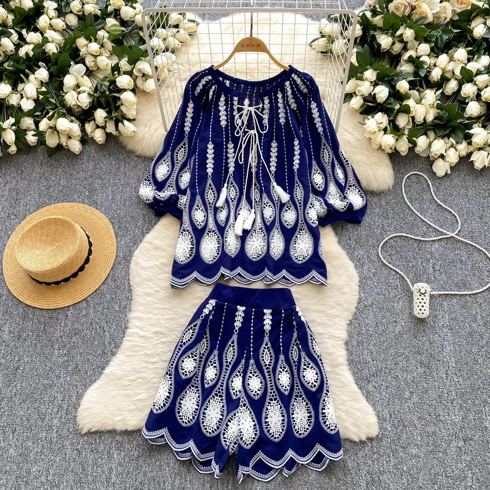 

Women Embroidery Vacation 2pcs Sets Summer Lantern Sleeves Tops+Wide Leg Shorts Two-Piece Set Summer Vintage Suits Y2k