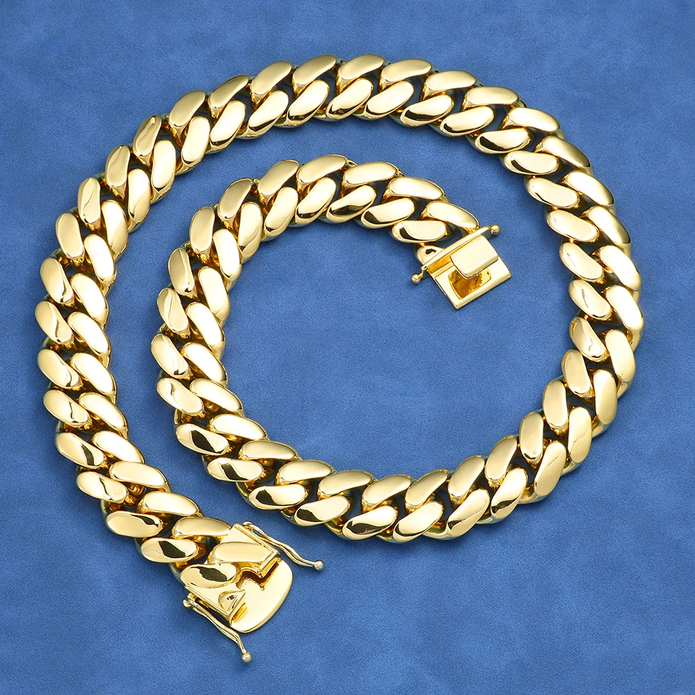 HHIOK 20mm Thick Brass Cuban Link Necklace Bracelet Iced Out 18K Gold Plated Smooth Fine Double Safety Clasp Hip Hop Jewelry