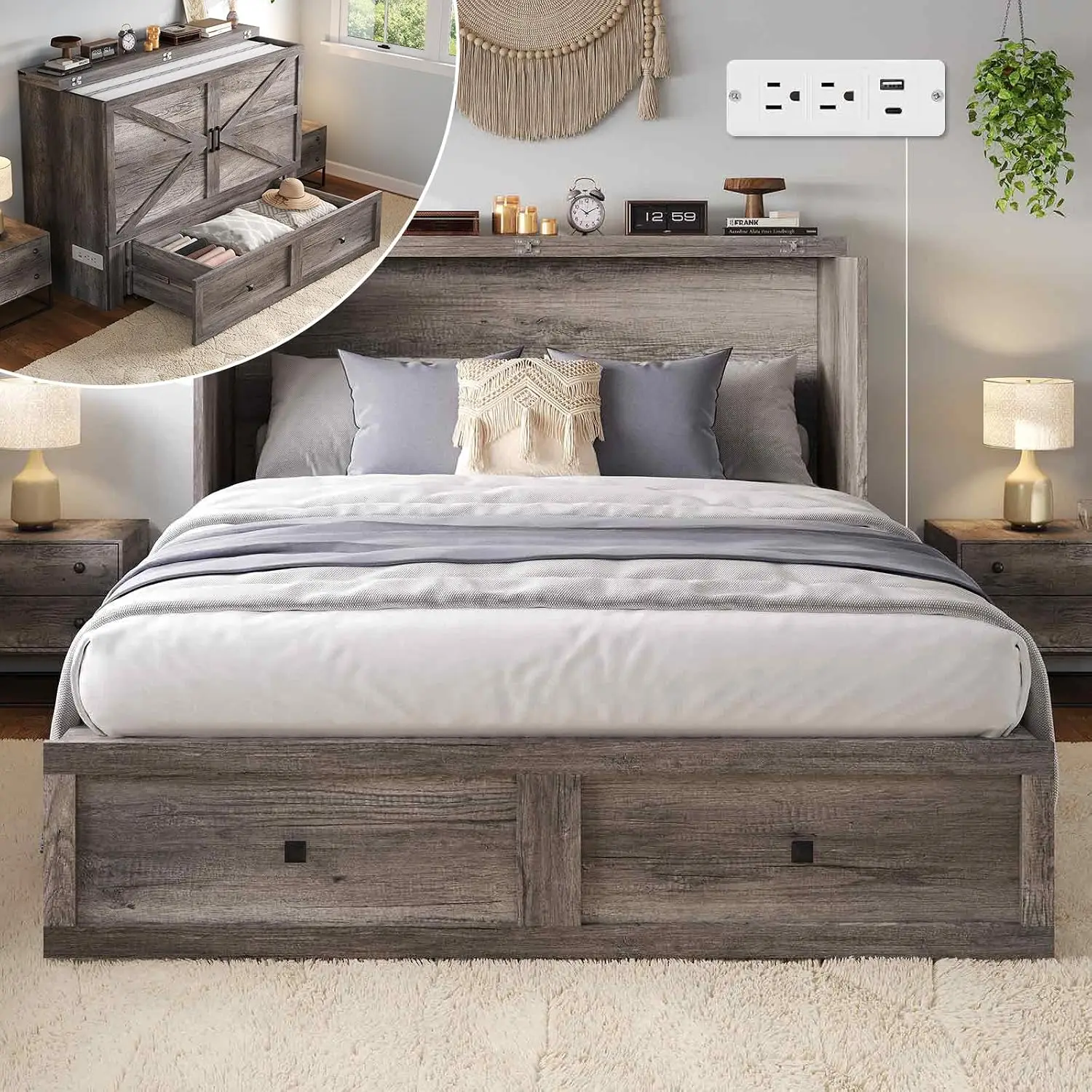Full Murphy Bed with USB Charging Station & Storage, Wall Mounted Space Saving Bedroom Furniture, Customized