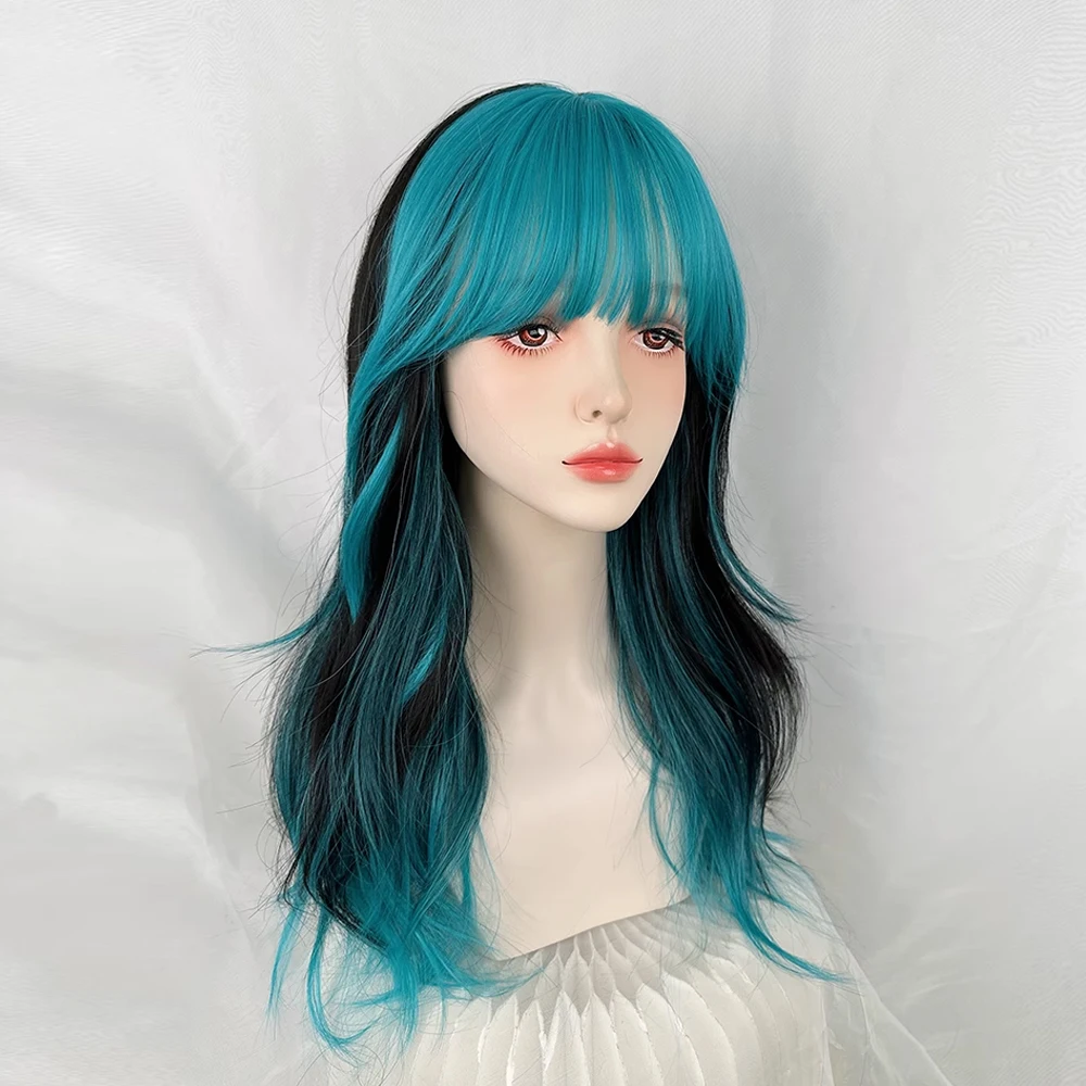 Ombre Highlights Blue Black Wig Long Synthetic Wavy Women Fluffy Lolita Cosplay Hair Wig for Daily Party