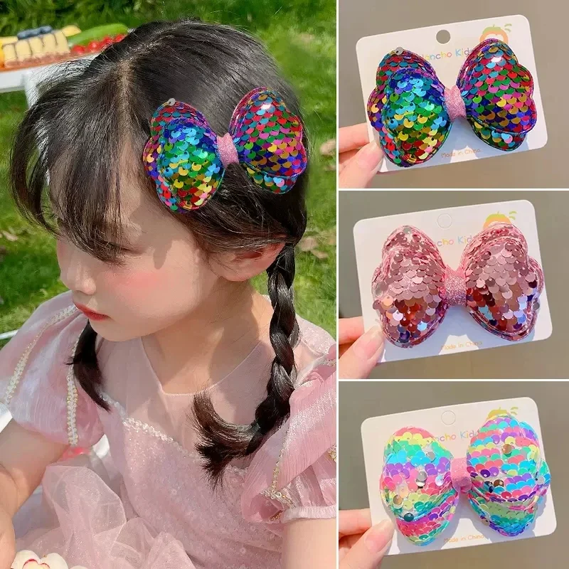 Colorful Glitter Double Layer Bow Hair Clips For Girls Cute Hair Decorate Hairpins Barrettes Kids Fashion Hair Accessories