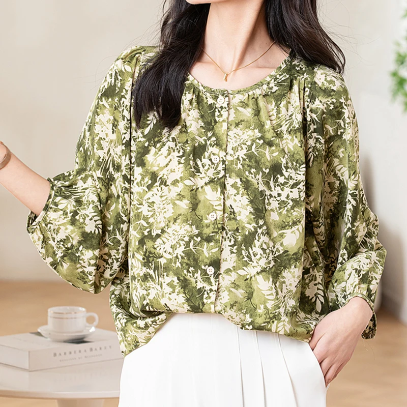 

Loose Casual Shirts Women Printed Floral Long Sleeve Chiffon Tops Single-breasted Blouse Female