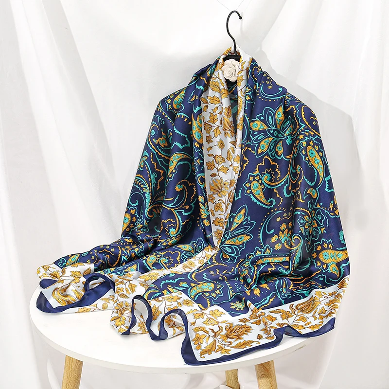 Ladies Printed Silk Shawl Brocade Satin Leaf Pattern Scarf Big Size Long Shawls Travel Sun Protection Cape 180*85cm