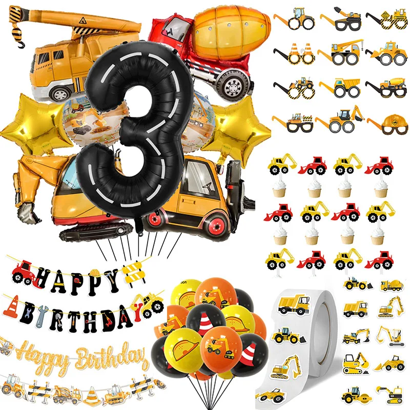 Bau Traktor Thema Junge Geburtstag Geschenk Verpackung Versiegelung Aufkleber Papier Ermutigen Kuchen Topper Banner Ballon Set Party Supp