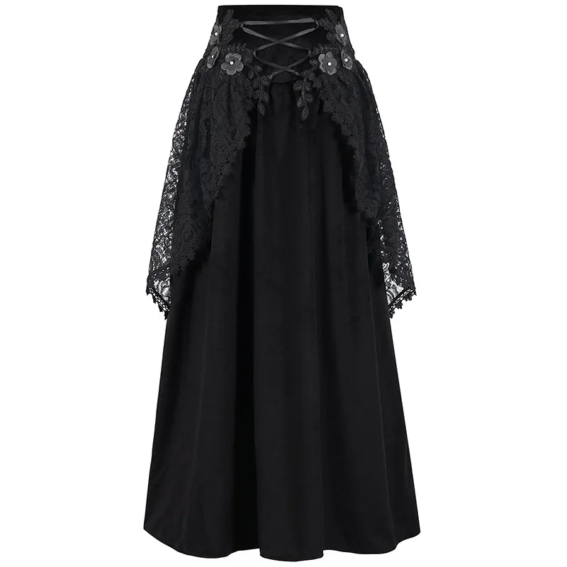 Falda asimétrica de encaje con volantes negros de Lolita gótica Vintage para mujer, falda de fiesta Medieval Steampunk de cintura alta, disfraces