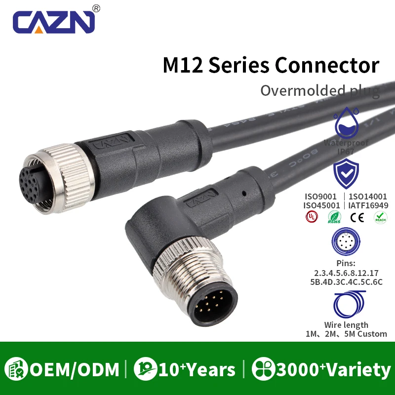 M12 Unshielded Overmolded Plug Angled Male Female 2-17 Pin A/B/C/D Code 1/2/5m PVC PUR IP67 for Sensors & Fieldbus Systems