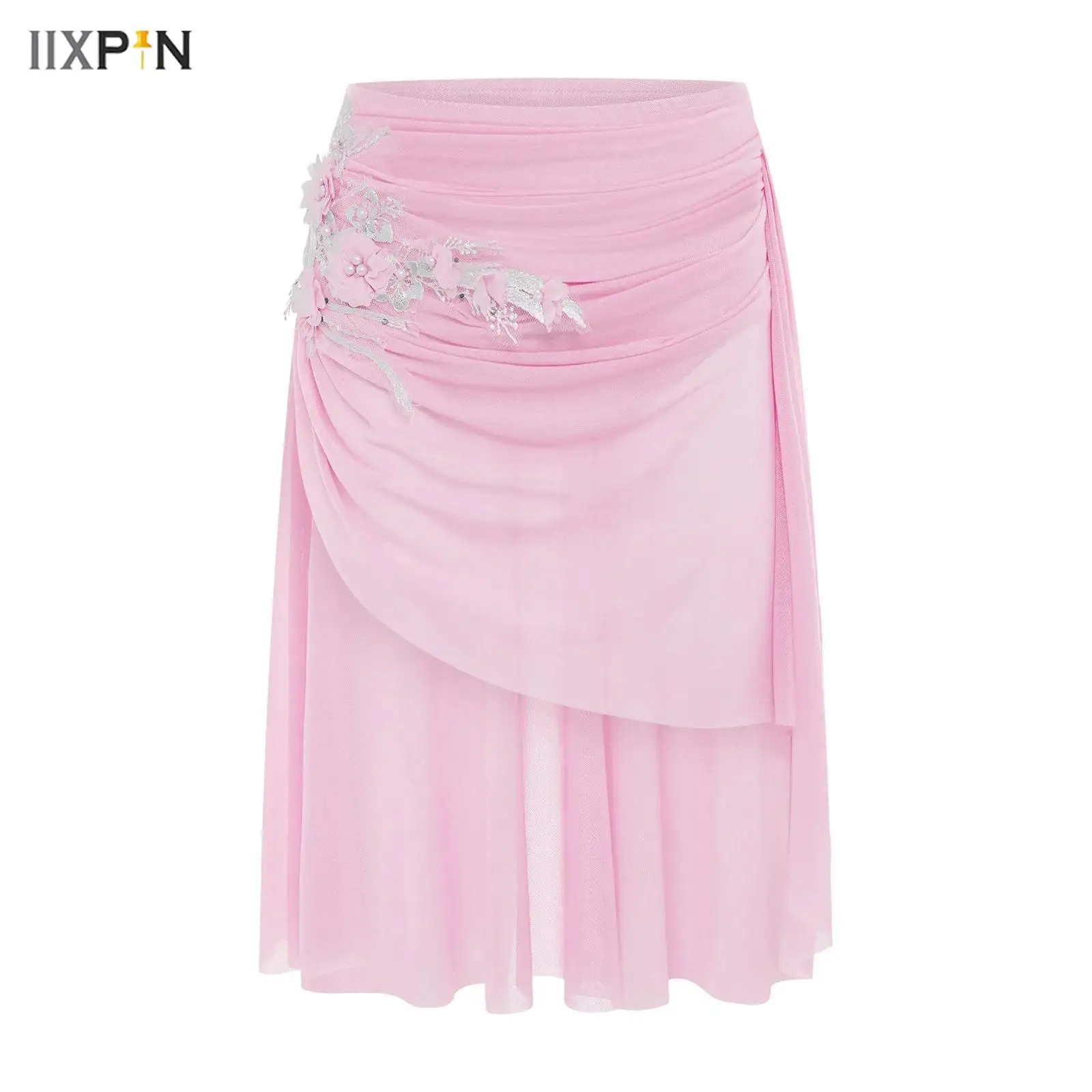 

Kids Girls Ballet Lyrical Dance Skirts Dress Applique Elastic Waistband Asymmetrical Ruched Mesh Skirt with Built-in Briefs