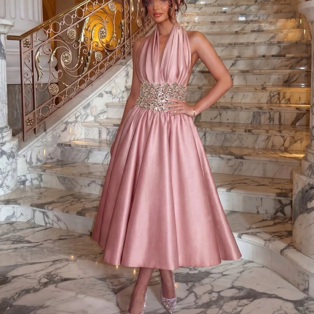 

Customized Charming Cocktail Dresses Halter Evening Gowns Sparkle A-line Midi Dresses Formal Party Prom Gowns for Wedding