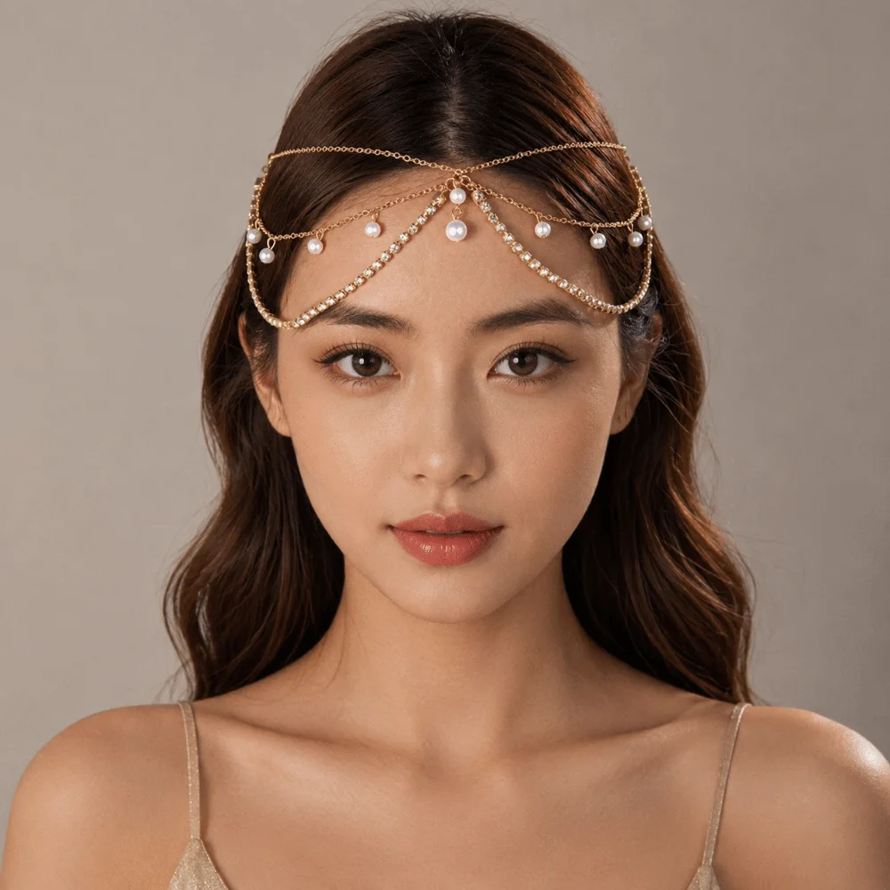 Simulated Pearl Luxury Forehead Headpiece Long Tassels Rhinestone Crystal Bohemian Hair Chain Multi-Layer Headwear