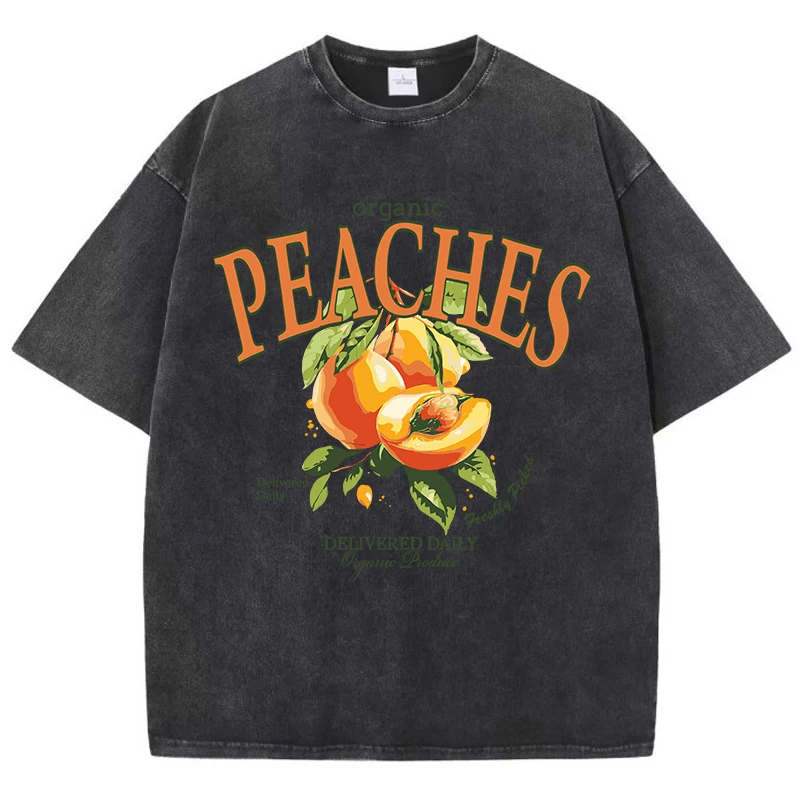 Casual Woman Acid Wash T-Shirts Fresh Peaches Delivered Daily Prints Tops Distressed Crewneck Oversize Cotton Tees Trend Clothes