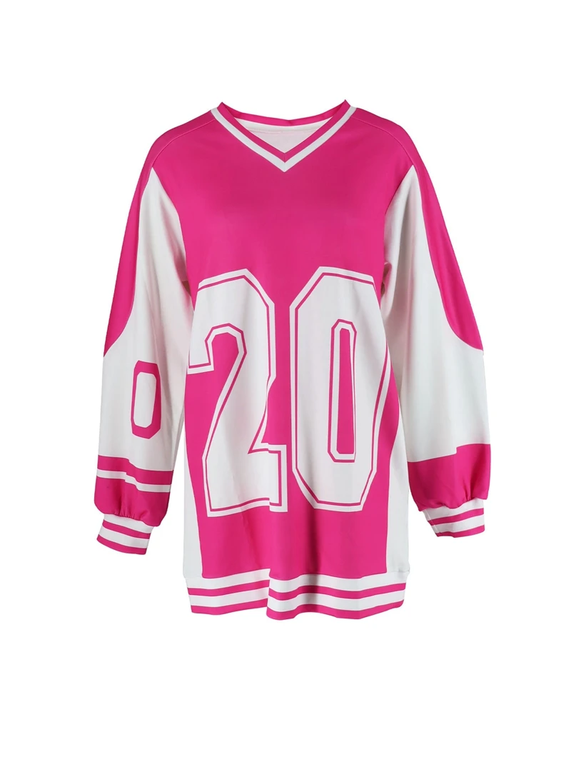 STYLISH LADY Number Letter Printed Sweatshirt Dress 2025 Autumn Women Long Sleeve V Neck Casual Loose Street Hip Hop Mini Dress