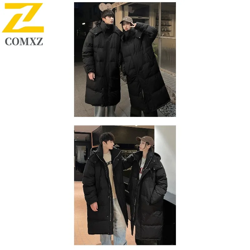 COMXZ Men Winter New Down Jacket Casual Hooded Outdoor Skiing Thick Warm Coats Knee Length Parka Lightweight Windbreaker