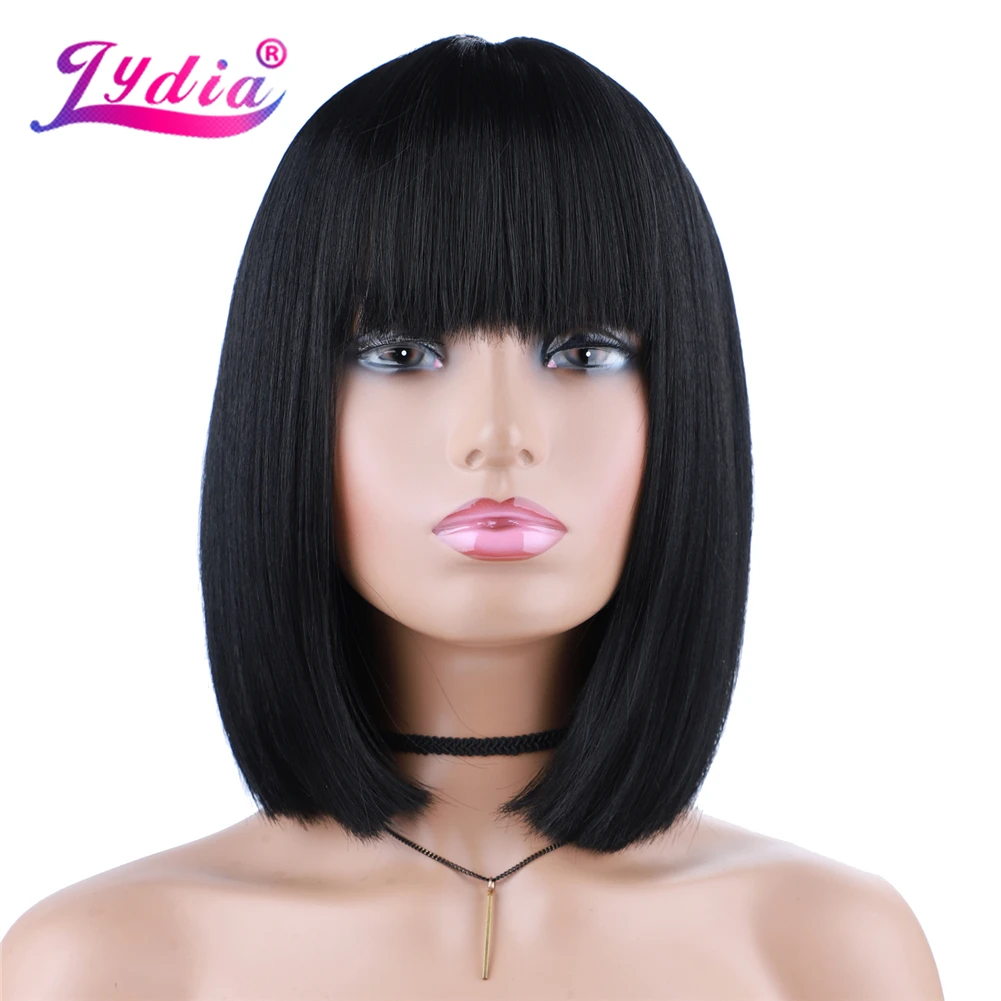 

Lydia Women Middle Silky Straight Synthetic Wigs Heat Resistant Futura African American Black Daily Flat Neat Bang