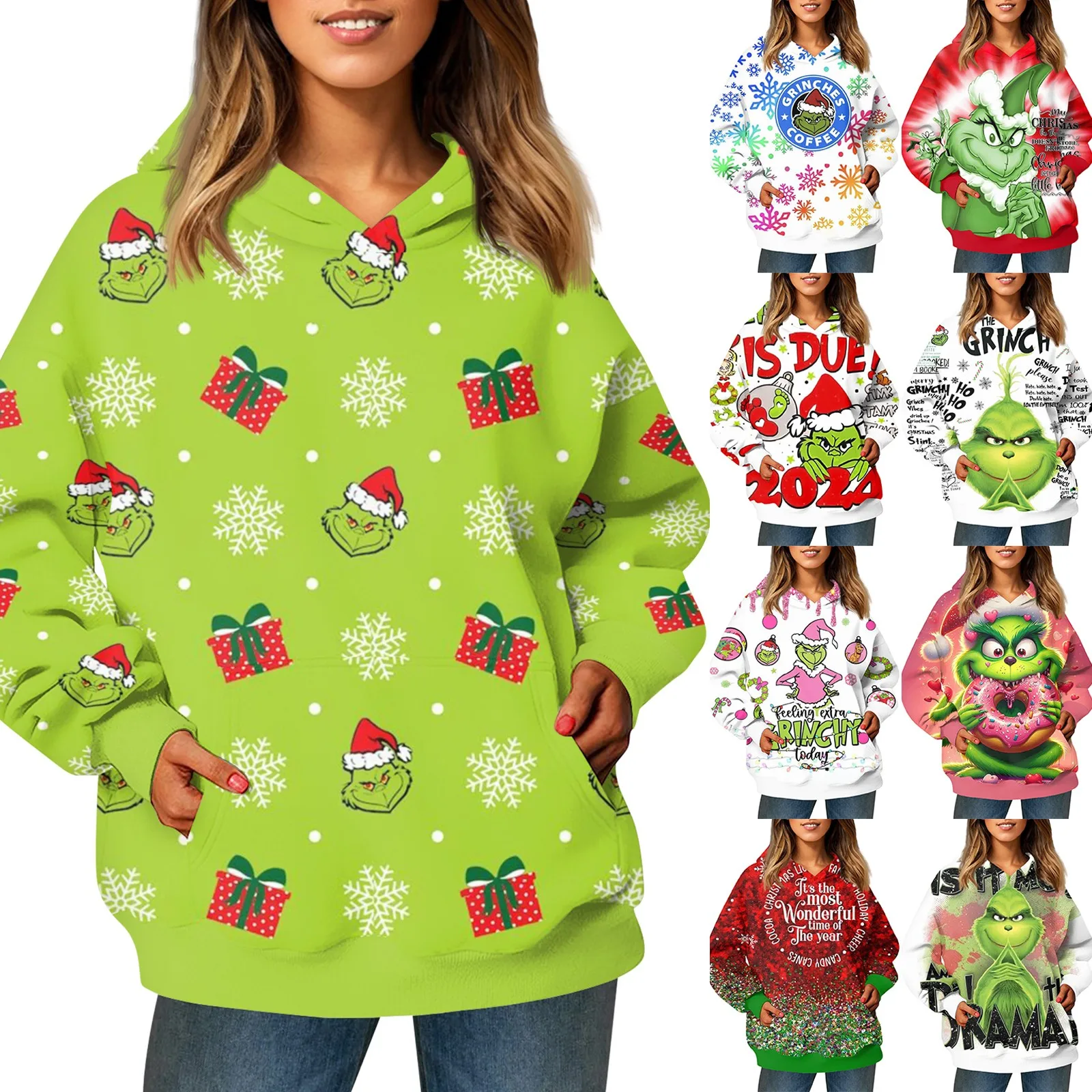 2024 Kawaii Christmas Print Hooded Pocket Sweatshirt Loose Comfortable Ladies\' Fashionable Long Sleeved Daily Casual Pullover