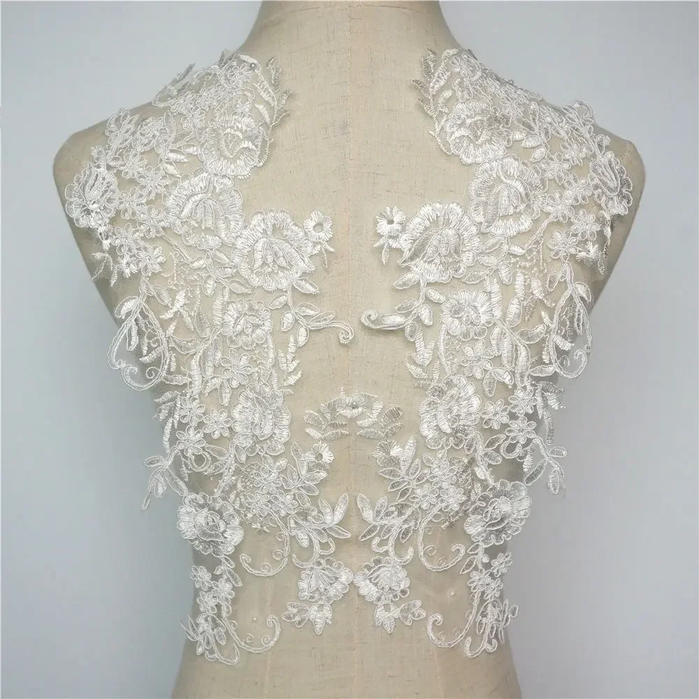 2PCS White Flowers Wedding Appliques Embroidered Lace Mesh Fabric Collar Sew On Patches For Bride Evening Dress DIY Decoration