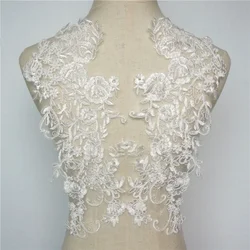 2PCS White Flowers Wedding Appliques Embroidered Lace Mesh Fabric Collar Sew On Patches For Bride Evening Dress DIY Decoration