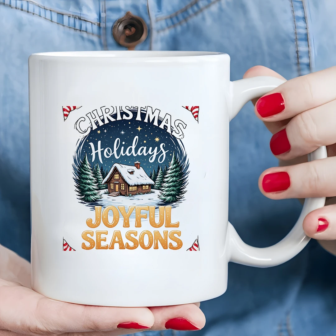 11oz Mug + Cartoon Christmas Night Sky Cabin Cup Christmas Gift Kids Cup Family Office Coffee Cup Set