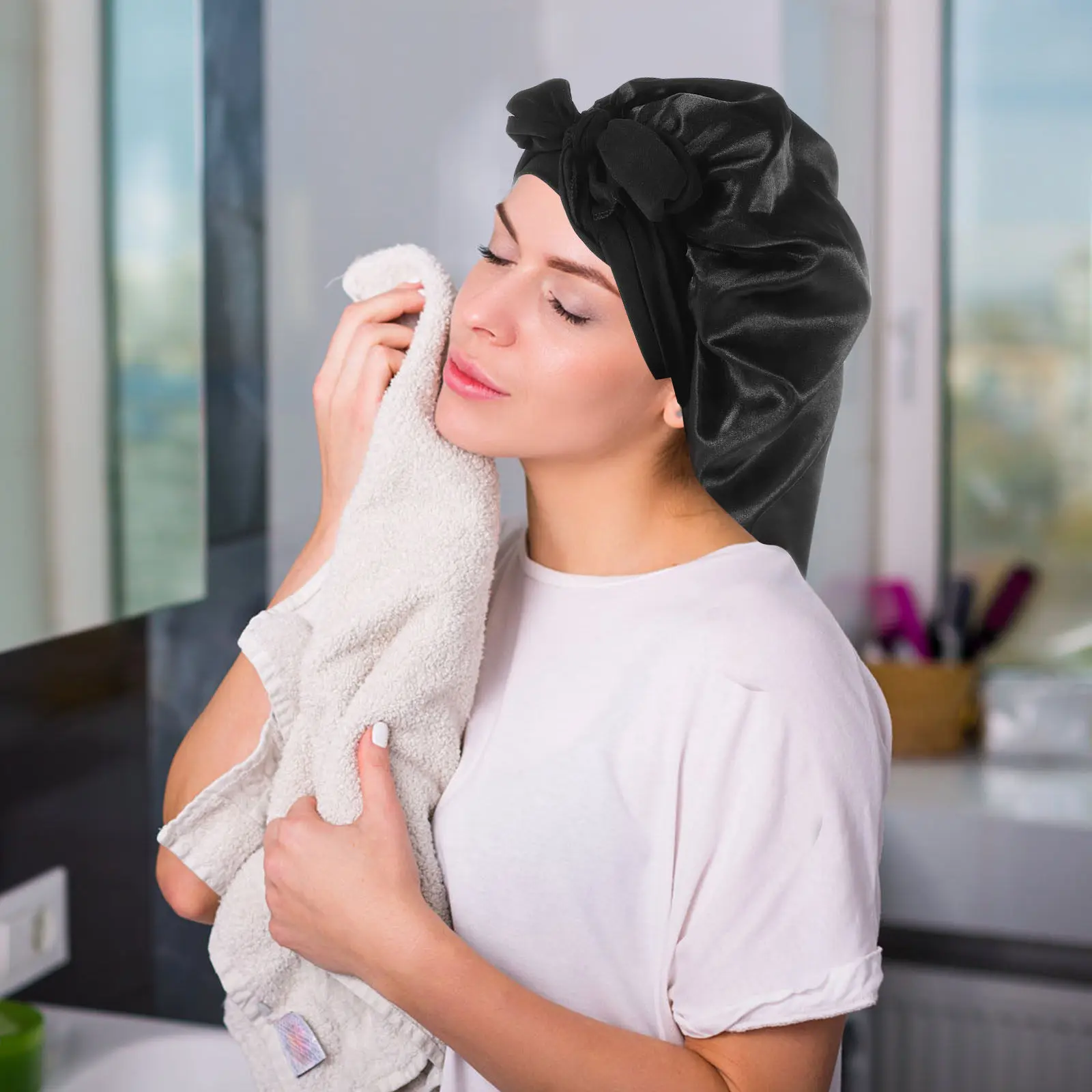 

Шапочка для сна с длинными трубчатыми рукавами из премиального атласа для женщин: легко надевается, надежно сидит, подходит для длинных волос, уменьшает пушистость и спутывание.