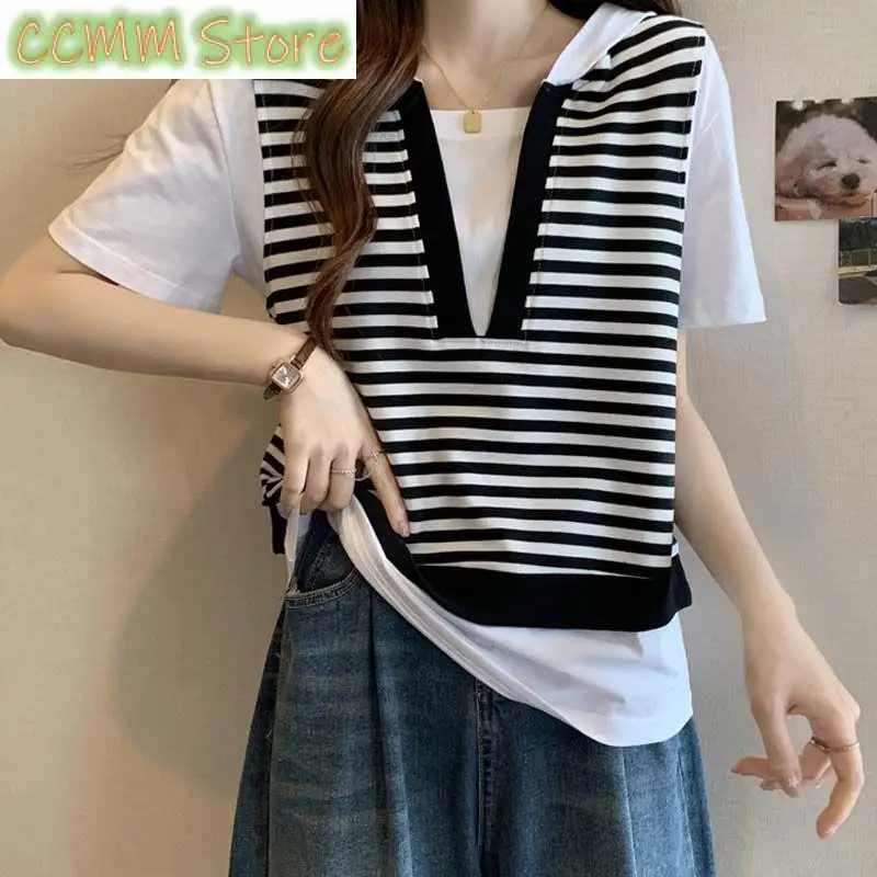 

Fashion Printed Spliced Hooded Striped Fake Two Piece Blouse Female Clothing Summer New Casual Pullovers Korean Shirt