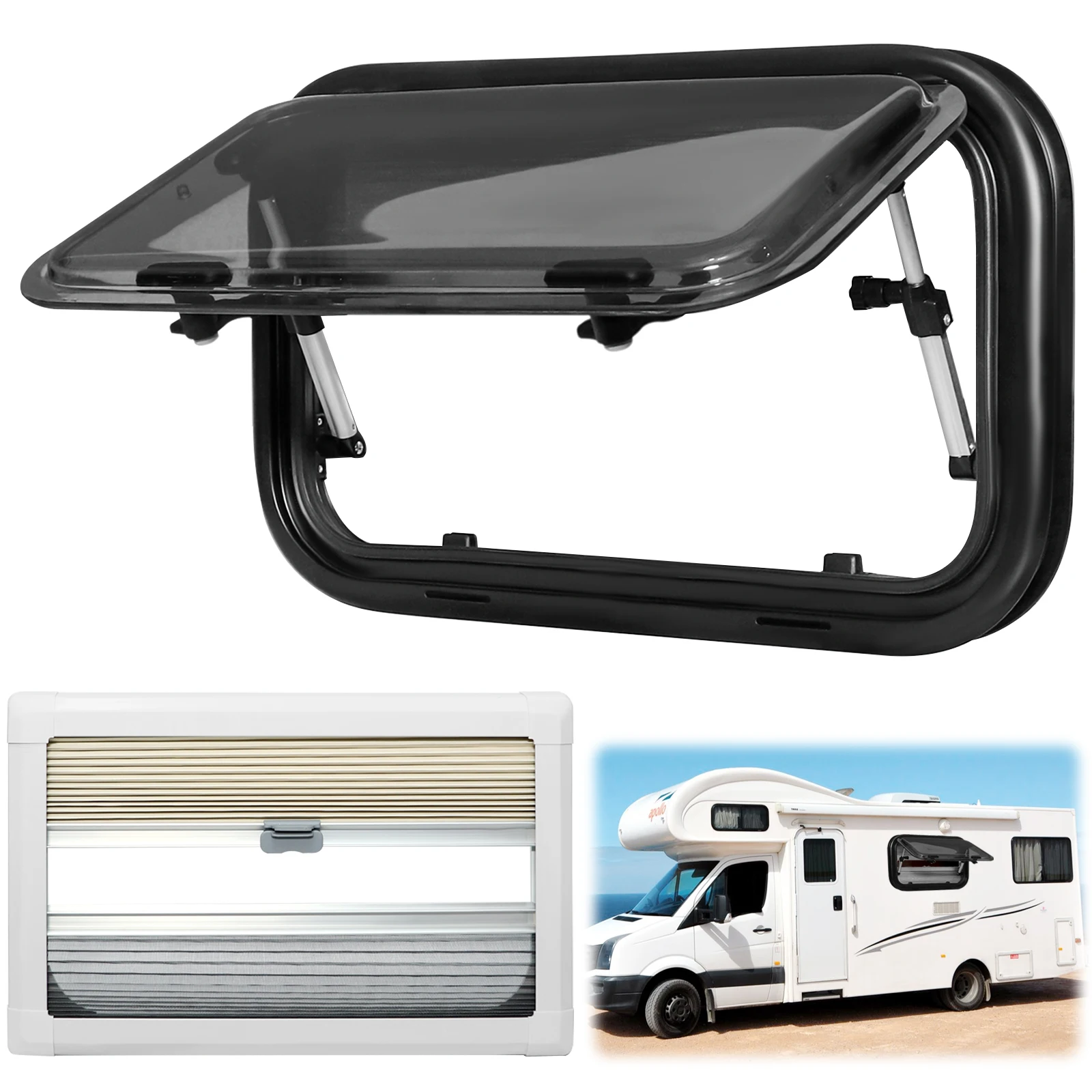 RV Exit Window 19.7” W X 11.8” H, Camper Window with Coating Shade & Screen Window, Push Window RV Side Window with Trim Kit Fit