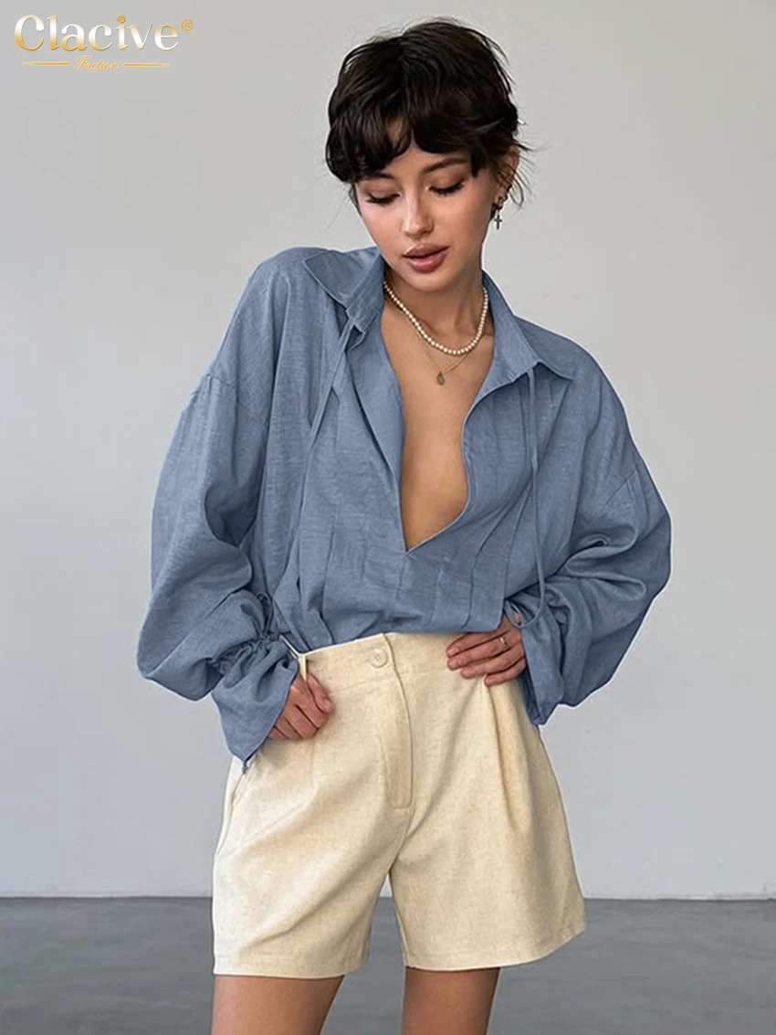 Clacive Fashion Loose Blue Women's Shirt 2025 Sexy Lapel Long Sleeve Shirts Lady Elegant Classic Lace-Up Tops Female Clothing