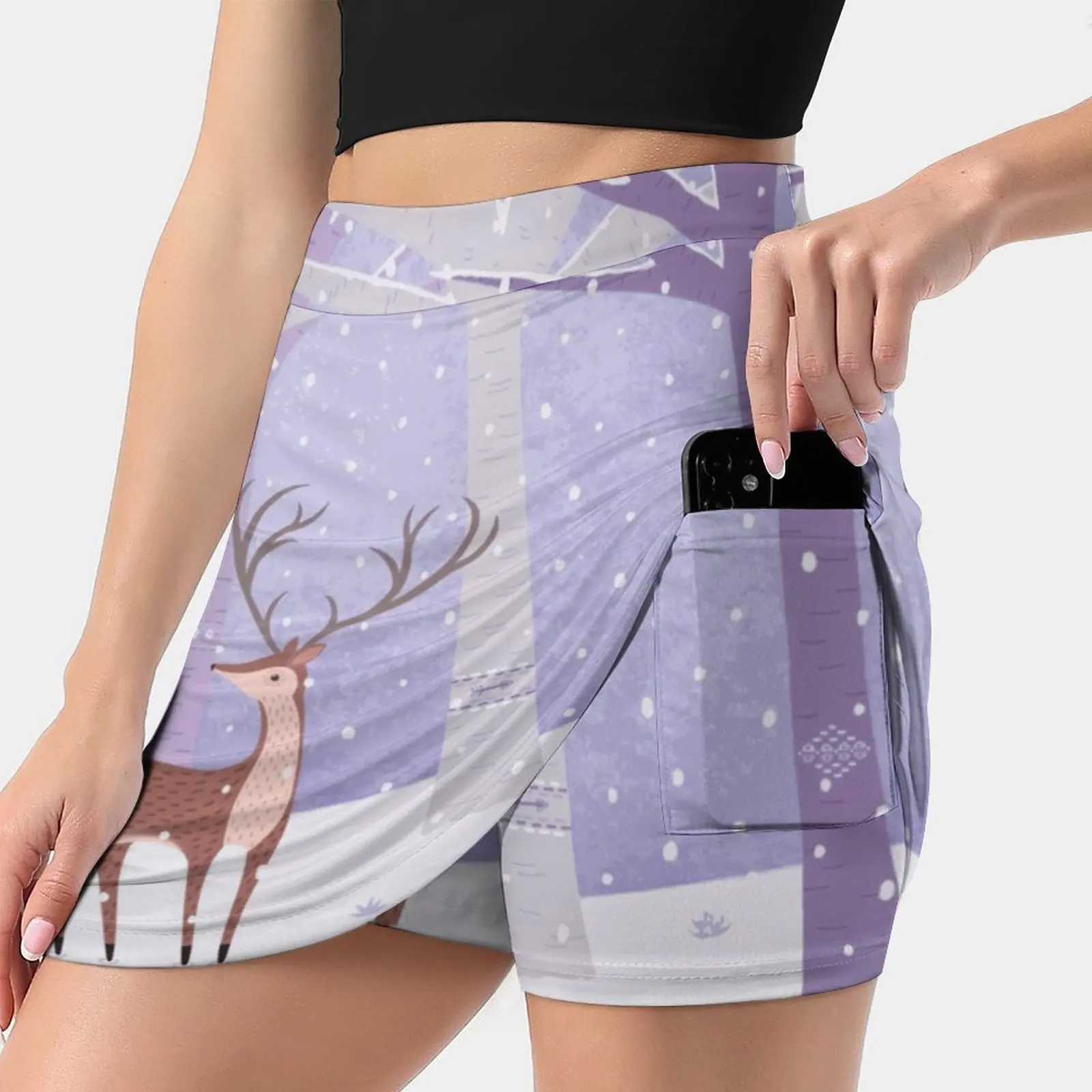 

Deer - Squirrel - Winter - Snow - Forest Women Sports Skirt Tennis Golf Dance Fitness Running Yoga Skirts Deer Squirrel White