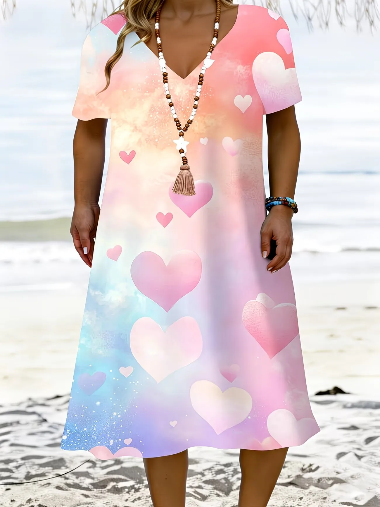plus Size Summer Women's Dress V-Neck Short Sleeve Beach Casual Vacation 3D Color Gradient Print Maxi Dress