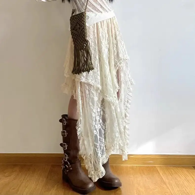 2025 Vintage Lace Irregular Hem Long Skirt with Elegant Vacation Style Half Skirt