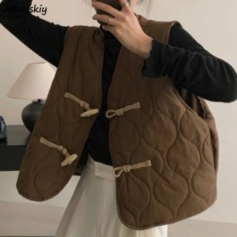 

Sleeveless Vests Women Solid Vintage Buttons BF Loose New Autumn Leisure Outerwear Elegant Office Ladies All-match Korean Style