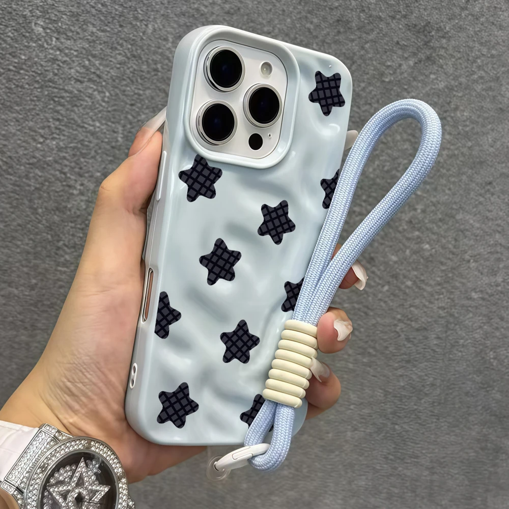 Karierte Sterne Y2K Falten-Silikon-Handyhülle für iPhone 17 15 13 11 12 14 16 17 Pro Max 14 15 Plus 17Air mit Lanyard-Abdeckung – Detail 5