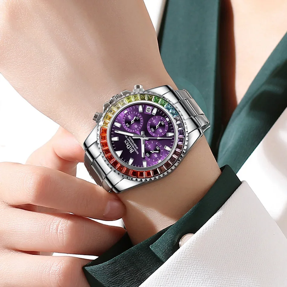 Luxury Silver Stainless Steel Elegant Women Watches Multi Function Chronograph Waterproof Calendar Lady Quartz Wristwatch Purple