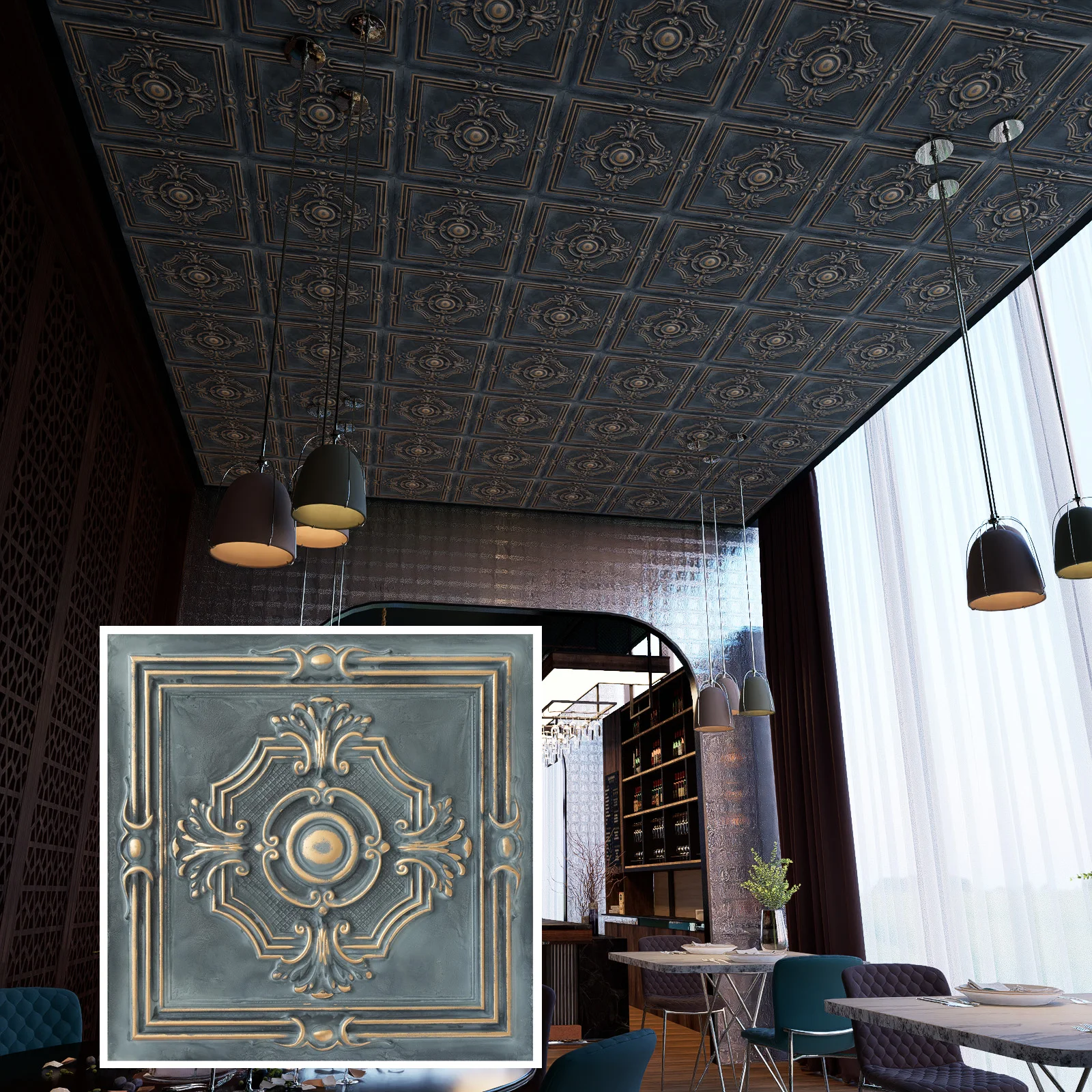 Distress Tin Ceiling Tiles Emboss interior wall panel Easy to Install PVC Panels PL38 Smoked gold 10pcs