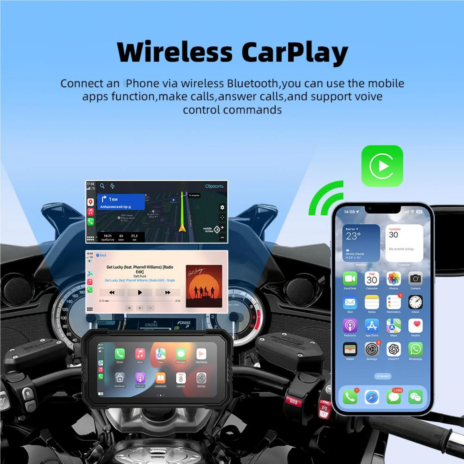 6.25 Inch Motorcycle CarPlay Waterproof 800nit External Motorcycle Screen Support CarPlay and Android Auto Wireless Phone Link