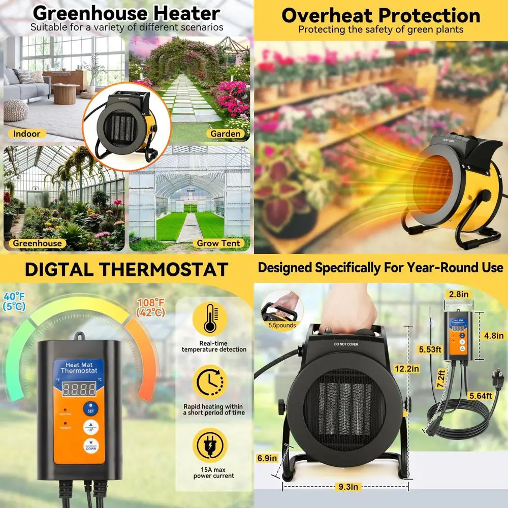 

Patio Outdoor Heater with Thermostat, 3-Mode PTC Ceramic Heater, Overheat Protection, IPX4 Waterproof for Greenhouse and Patio