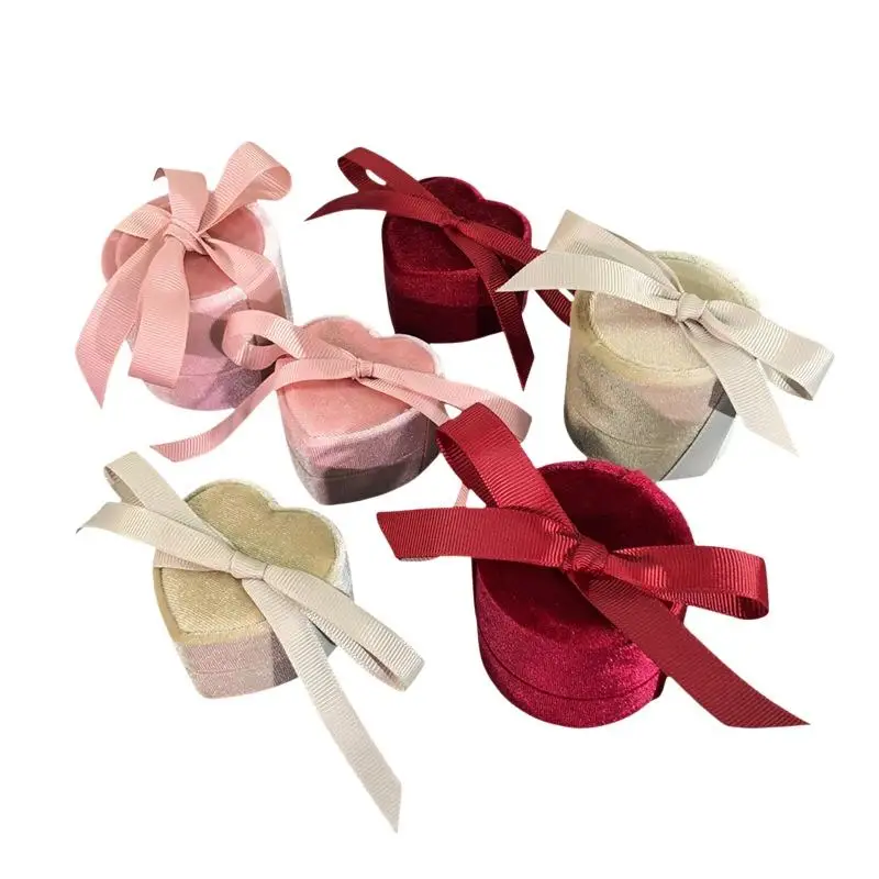 Kreative herzförmige Samt-Ringbox mit Schleife, Schmuckverpackungsbox für Heiratsanträge, Verlobungen, Hochzeiten – Detail 1