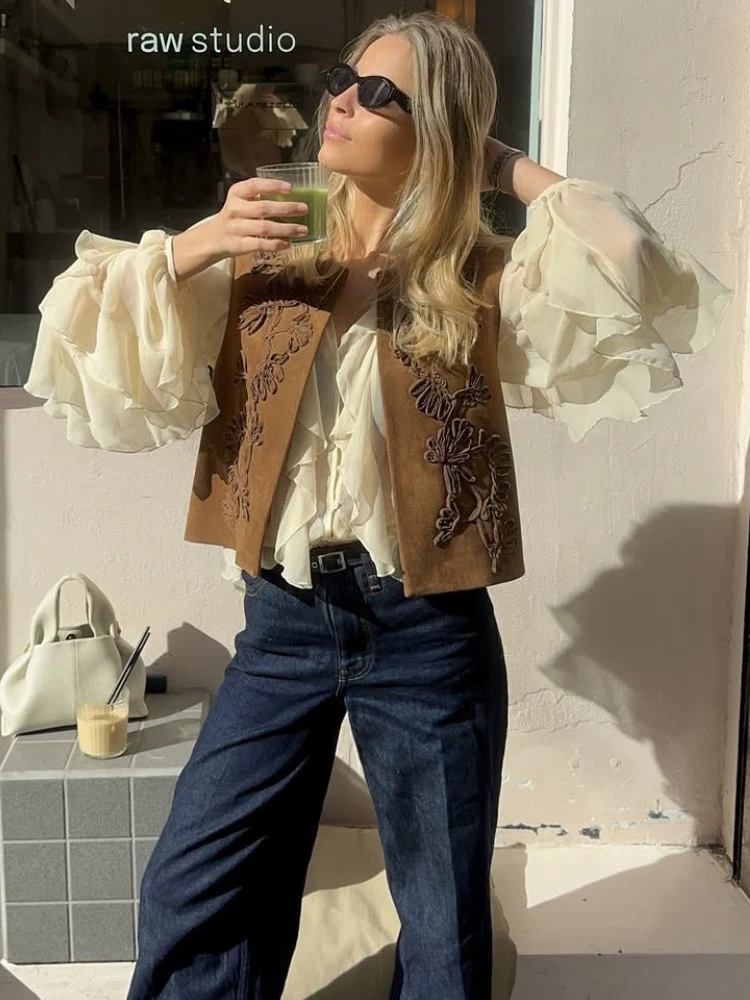HH 2025 Vintage Women Suede Texture Embroidered Vest Top Female Loose Sleeveless Soild Waistcoat Lady High Street Outwear