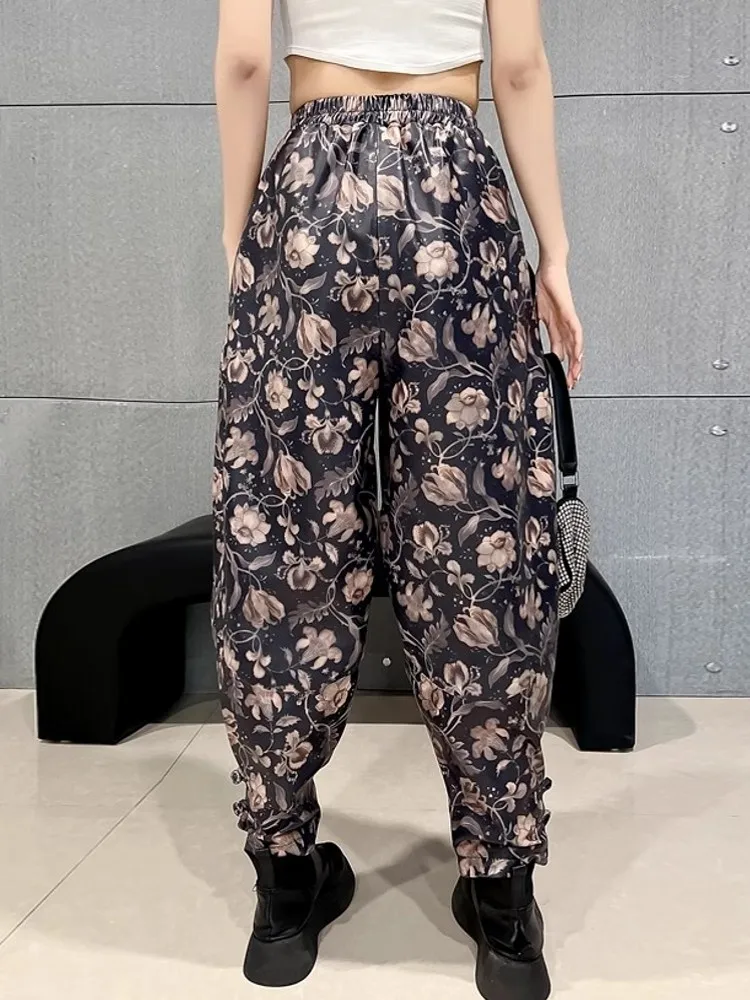 Pantalon en cuir véritable de mouton imprimé Floral pour femmes, sarouel Baggy Vintage, taille élastique, coupe ample, pantalon de jogging Vintage
