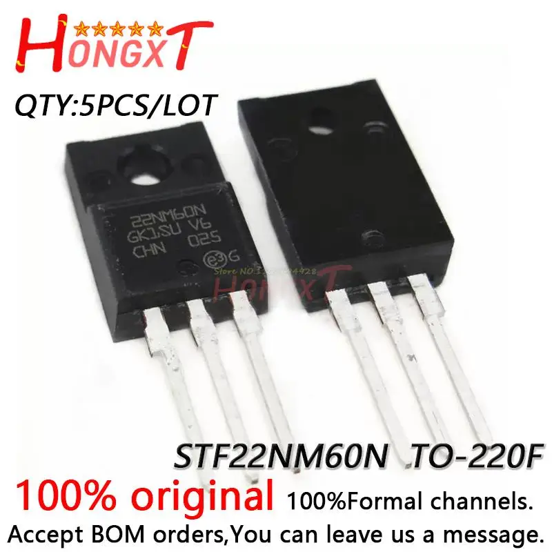 

5PCS 100% NEW Original STF22NM60N 22NM60N 16A 600V TO-220F plastic encapsulated in-line field effect transistor.