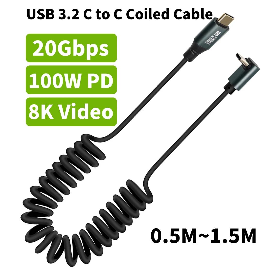 

90 Degree USB C to C USB 3.2 20Gbps 8K Display Coiled Spring Cable Type-C 100W 5A PD Fast Charging Cord for Car Mobile Phones