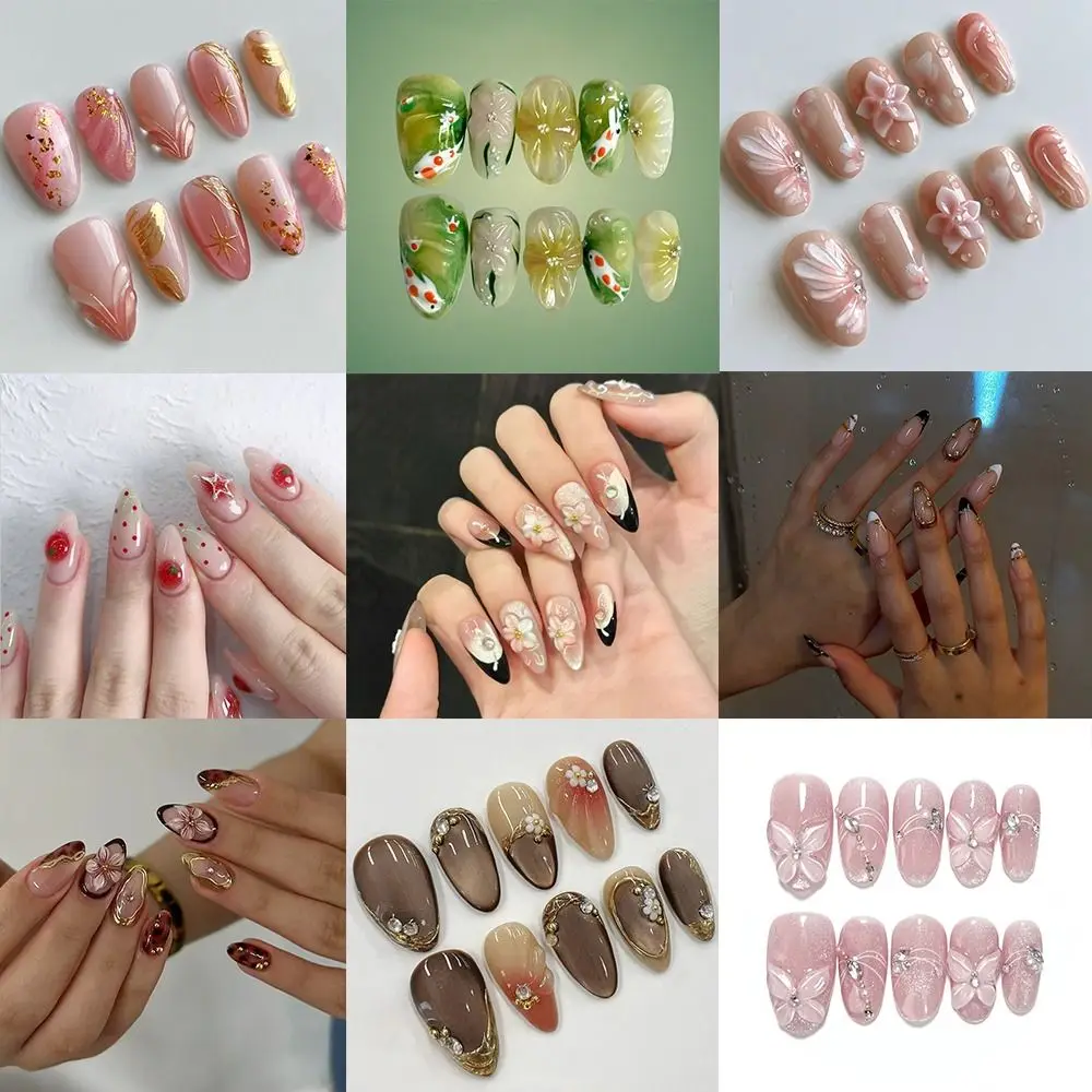 Manicure Long Almond False Nails Gilding Flower Tomato French Fake Nails Aurora Detachable Nail Tips Women