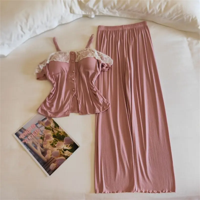 

Summer and Autumn Women's Lace Pure Cotton Suspender Simple Pajamas Short-sleeved Trousers Breathable Pajamas Home Clothing Set