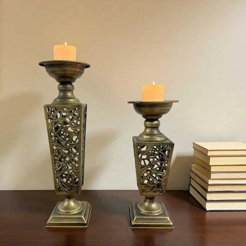 American Vintage Bronze Distressed Wrought Iron Candle Holder, Hollow Candle Cup for Hotel & Homestay Table Decor