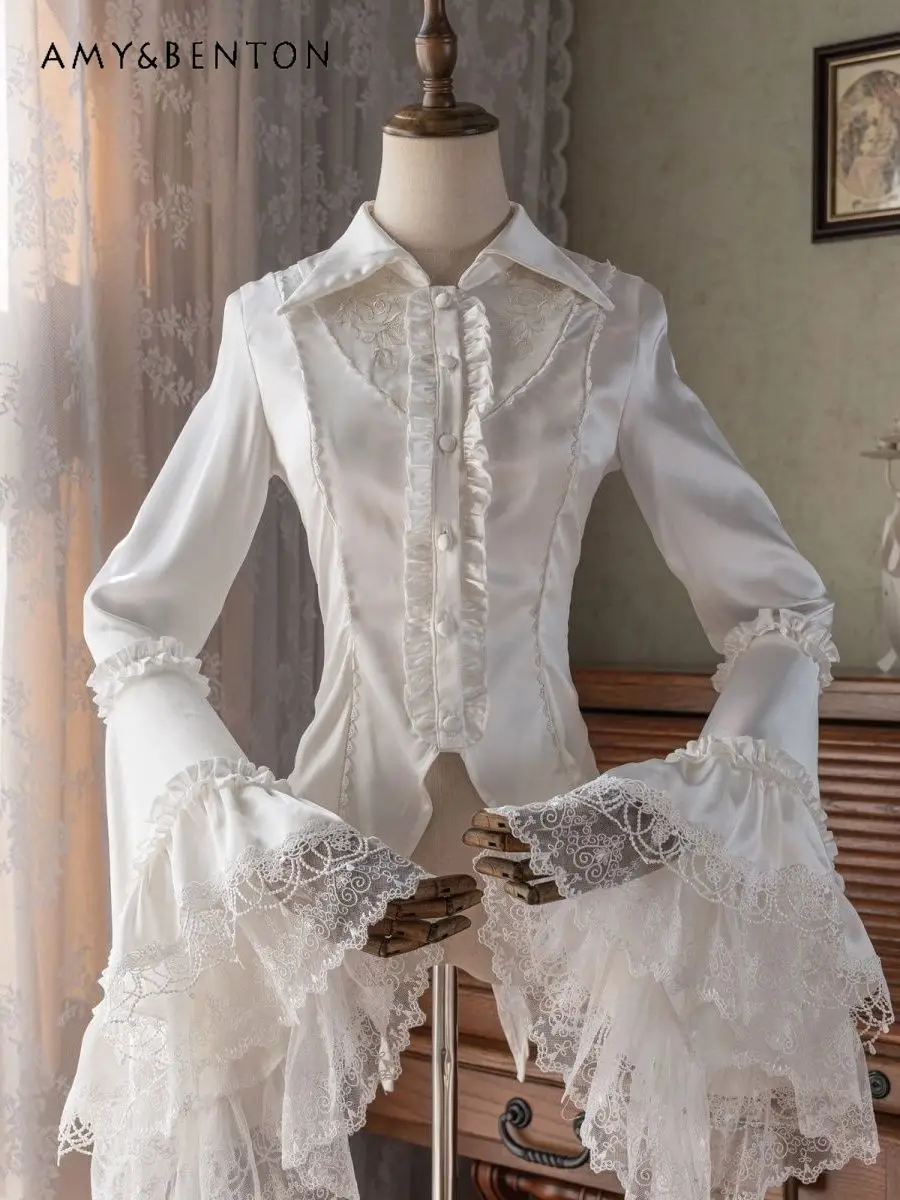 Medieval Lolita Top Vintage Gothic Court Style Long Sleeve Shirt Women Polo Collar Lace-Up Slim Heavy Industry Lace Blouses