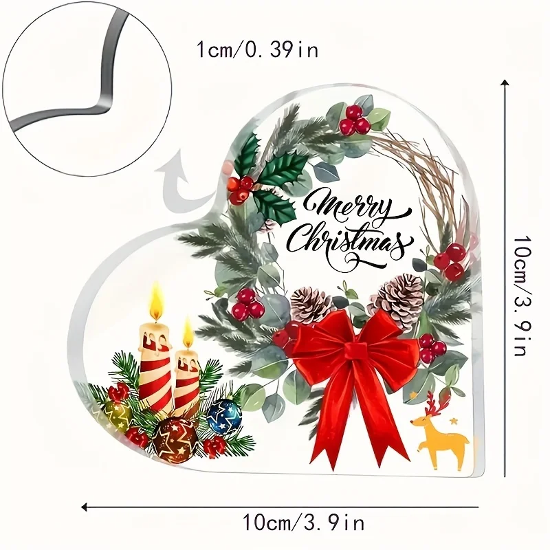 Heart‑Shaped Acrylic Sign 10×10cm, Merry Christmas Desktop Ornament, Xmas Wreath Red Bow Candle Pinecone Reindeer Table Decor, Freestanding Christmas Home Holiday Gift, 2D Flat