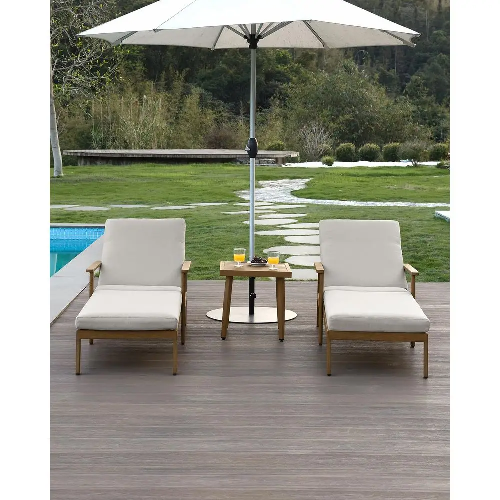 

Teak Lounge Chair Set, NeverRust Aluminum Pool Lounge Chairs with Side Table, Outdoor Chaise Lounge with Gray Cushions, Outdoor