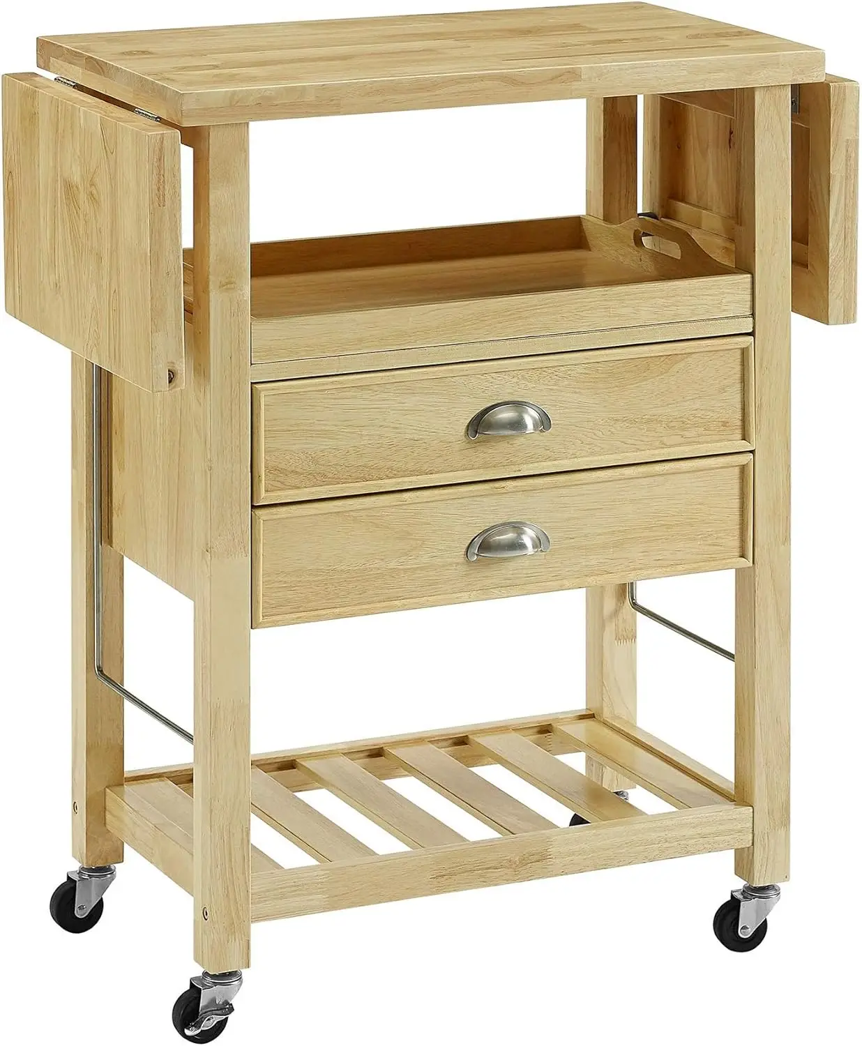 Double Drop Leaf Kitchen Cart Natural Open Slatted Shelf Perfect for Wine Storage Includes Removable Serving Tray